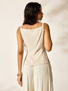 Easelle Women Casual/Holiday Square Neck Buttoned Front Split Hem Tank Top - Apricot - View 3
