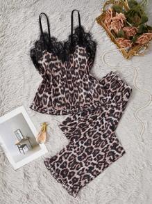 SilkySpell Women's Sexy Leopard Print Spaghetti Strap Lace Edge Summer Pajama Set - Multicolor - View 1