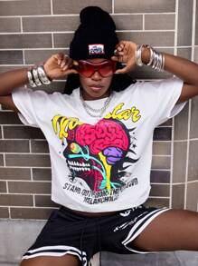 ROMWE Street Life Camiseta de mujer casual de manga corta con cuello redondo y estampado de letras, versátil para el verano