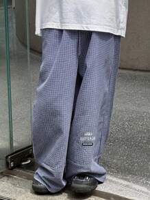 DAZY 青少年男孩格子印花抽绳宽松裤，秋季童装，返校服 - 藍色 - 查看 1