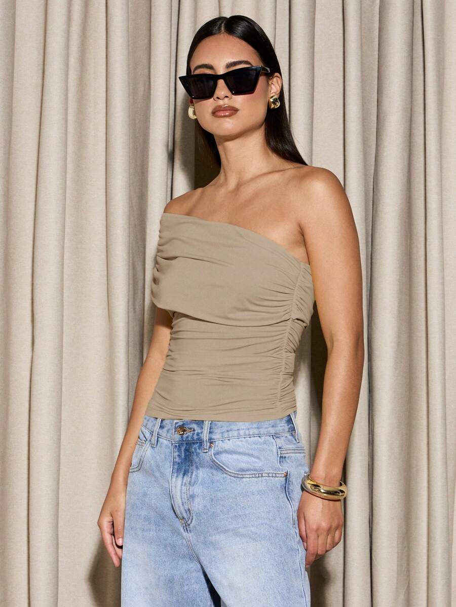 AiiRZ Ruched One Shoulder Asymmetric Bandeau Top Evening Party Club Occasion Wear Spring Summer Fashion Sleeveless Modern Fitted Bodycon - Beige - View 1
