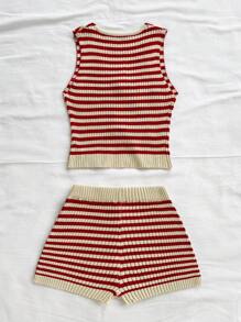 Soleia Conjunto de top de punto con cordón y pantalones cortos a rayas para mujer en otoño/invierno - Multicolor - Ver 2