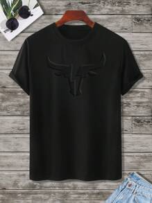 Lornexis Camiseta casual de cuello redondo de manga corta con relieve para hombre, verano - Negro - Ver 2