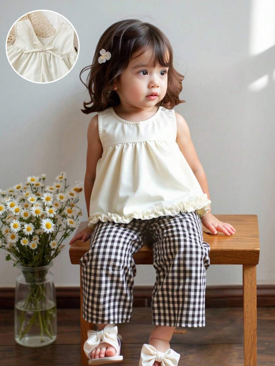 SHEIN Babygirl Summer Cute & Elegant Versatile Beige Sleeveless Loose Top & Plaid Wide-Leg Pants Set - Apricot - View 1