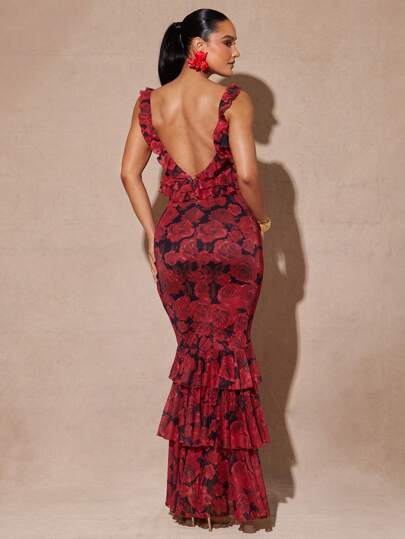 Silquee Women's Elegant Ruffled Backless Romantic Date Maxi Dress, Suitable For Summer Holiday, Beach Vacation, Flowy Long Dress With Stretchy Mesh Spaghetti Straps And Ruffle Hem, Rose Floral Print,Night Out, Beach Vacation, Elegant Beach Vacation, Sexy In Summer, Perfect For Date Night