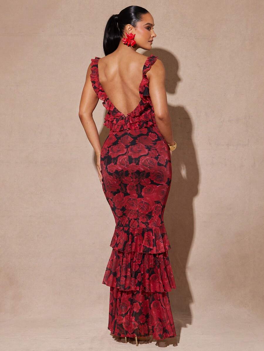 Silquee Váy Maxi Lãng Mạn Hở Lưng Xếp Nếp Thanh Lịch Cho Nữ, Thích Hợp Cho Kỳ Nghỉ Hè, Kỳ Nghỉ Ở Bãi Biển, Váy Dài Phồng Có Dây Đeo Bằng Lưới Co Giãn Và Viền Xếp Nếp, Họa Tiết Hoa Hồng - Nhiều màu - Xem 1