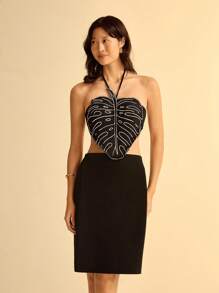 CAJUNI Turtle Bamboo Embroidery Halter Split Hem Casual Mini Dress For Women