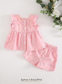 Cozy Pixies Baby Girl Embroidered Hollow Pattern Crew Neck Sleeveless Cardigan Top And Elastic Waist Shorts 2 Pieces Set Baby Girl Clothes Summer Sets 2pc Baby Girl Set Pink Set For Baby Girl Toddler Girl Summer Outfit Baby Girl Eyelet Set