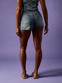 MISSGUIDED Western Boho Festival Mom Shorts High Waisted Studded Denim Side Button Detail Mid Thigh Length Summer Statement Shorts - Medium Wash - View 2