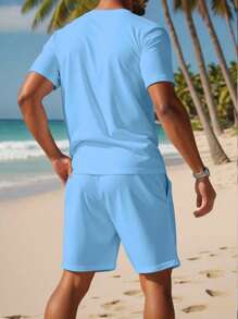 Manfinity Dauomo 男士 T 恤和短裤套装，夏季休闲百搭风格，舒适装扮 - 藍色 - 查看 2