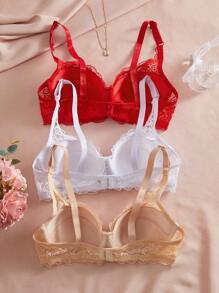 Bralution 3 件套简约女士钢圈文胸，蕾丝性感内衣，法式浪漫文胸 - 彩色 - 查看 2