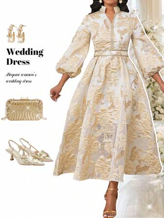 Fleurora Ladies' Floral Jacquard Long Lantern Sleeve Modest Dress Elegant Party Wedding Guests Four Seasons Old Money Festival Spring Dresses For Women Dresses For Women Spring Resort Dresses