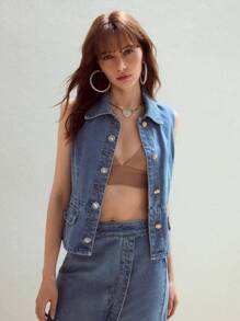 MOTF STUDIO BUTTON UP PEPLUM DENIM TOP - Light Wash - View 4