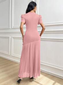 Modelyn Women's Solid Color Asymmetric Neck Short Puff Sleeve Floral Decor Ruffle Hem Elegant Dress