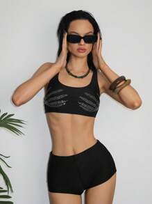 EgrlEra 女士夏季海滩水钻骷髅印花比基尼上衣 - 黑色 - 查看 3