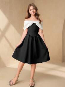 Tween-Mädchen Kleid , Off-Shoulder, Schleife, kurzer Glockenrock, elegant, lässig für Urlaub, Rüschenbesatz, rosa, Frühlings-/Sommerpartykleider, klassische Kleider - Schwarz - Übersicht 3
