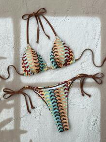 Swim Vcay Women's Open-Knit Brown Earthy Tone Yellow & Gold Beaded Swimsuit Top, Elegant Casual For Spring Summer Beach Party Holiday Festival - Multicolor - View 1