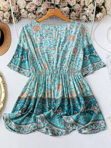 SHEIN LUNE Plus Size Women Retro Print V-Neck Short Sleeve Shirt Western Wear Women Boho Bohemian 90s Clothes Festival,Summer Outfits For Women, Concert Outfit Women, Rave Outfits Festival, Spring Break Outfits, Western Wear Women, Cowgirl Outfit, Boho, Bohemian, Country Summer Boho Old Money Summer Outfits For Women Spring Break Rave Outfits Festival Spring Break Outfits
