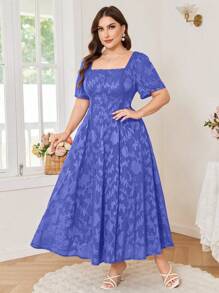 Modelyn Vestido midi de línea A con cuello cuadrado, manga corta y chifón jacquard elegante para tallas grandes, para primavera/verano - Azul - Ver 6