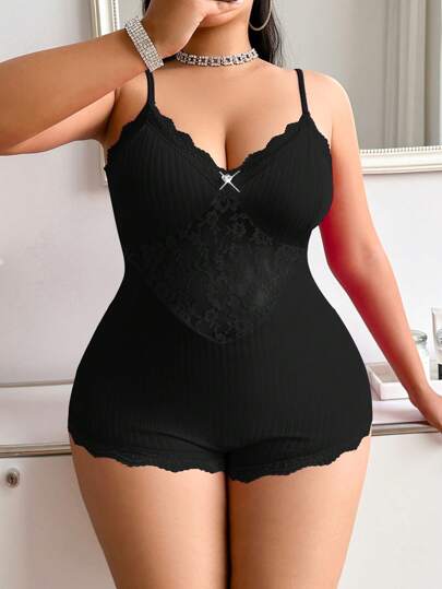 SHEIN Camisola Lingerie Plus Size Sensual com Renda, Jacquard e Alças Finas