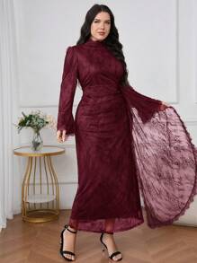 Graceveil 大码女式蕾丝喇叭袖优雅保守华丽阿拉伯风格连衣裙 - 酒紅色 - 查看 5
