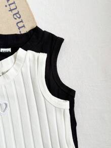 Souflis Souflis 2 件套女婴婴儿/幼儿 0-3 岁休闲纯色镂空心形圆领无袖短款 T 恤上衣，棉质针织，粉色和白色 - 黑與白 - 查看 5