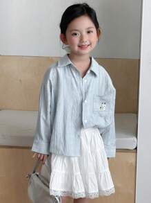 Dazy Kids 少女卡通兔子印花落肩单排扣衬衫 - 藍色 - 查看 5