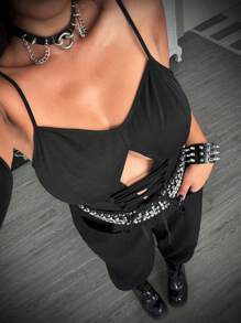 Whyspr Bộ đồ liền thân phong cách Punk cỡ lớn có dây đeo và chi tiết buộc dây - màu đen - Xem 7