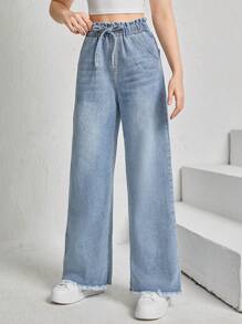 SHEIN Teen Girls Drawstring Waist Raw Hem Wide Leg Jeans - Light Wash - View 4
