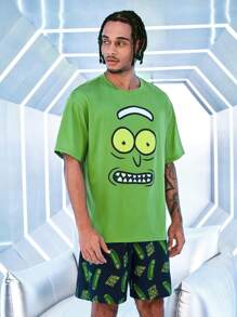 Rick and Morty X SHEIN Conjunto de pijama de camiseta de manga corta de corte holgado con estampado gráfico de dibujos animados divertidos y pantalones cortos para hombre para el verano