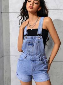 SHEIN EZwear 女士牛仔背带裤连体裤，时尚，适合夏季 - 淺色水洗藍 - 查看 4