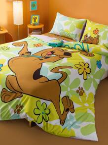 SCOOBY-DOO X SHEIN Bộ chăn ga gối họa tiết chó 3 món, vỏ chăn họa tiết hoa xanh, mềm mại và thoáng khí, phù hợp với nhiều kích thước giường khác nhau - Nhiều màu - Xem 3