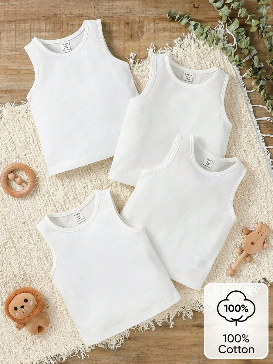 SHEIN Vintaside Kids 男婴四件套经典休闲日常运动舒适白色背心，适合日常生活、度假、上学、春夏、返校、秋季穿着。 - 白色 - 查看 1