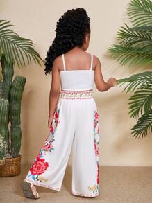 Travachic KIDS 2pcs/Set Young Girl Ditsy Floral Knitted Camisole Top And Loose Casual Long Pants, Set - Apricot - View 6