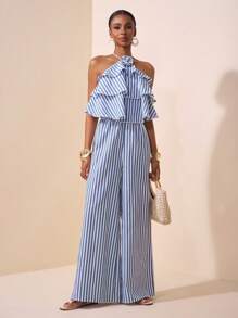 Zivah Lễ hội âm nhạc mới mùa hè 2025, Lễ Phục sinh, Ngày lễ Thánh Patrick, Phương Tây, Du mục, Tiệc sinh nhật, Tốt nghiệp, Phong cách đại học, Trang phục sinh viên, Thường ngày, Đa năng, Giải trí, Du lịch du ngoạn, Bãi biển, Tắm nắng, Thời trang, Trang phục dạo phố Bộ đồ liền thân không tay kẻ sọc xanh trắng xếp nếp - Xanh và trắng - Xem 6