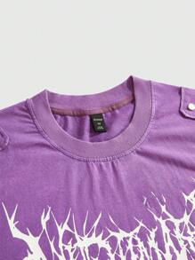 ROMWE MEN Street Life Men's Rivet Washing Printed T-Shirt, Loose Short Style - Purple - View 3