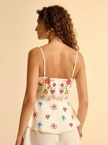 CAJUNI Vacation Casual Colorful Floral & Bird Print Tie-Up Ruffle Hem Women Tank Top - Multicolor - View 2