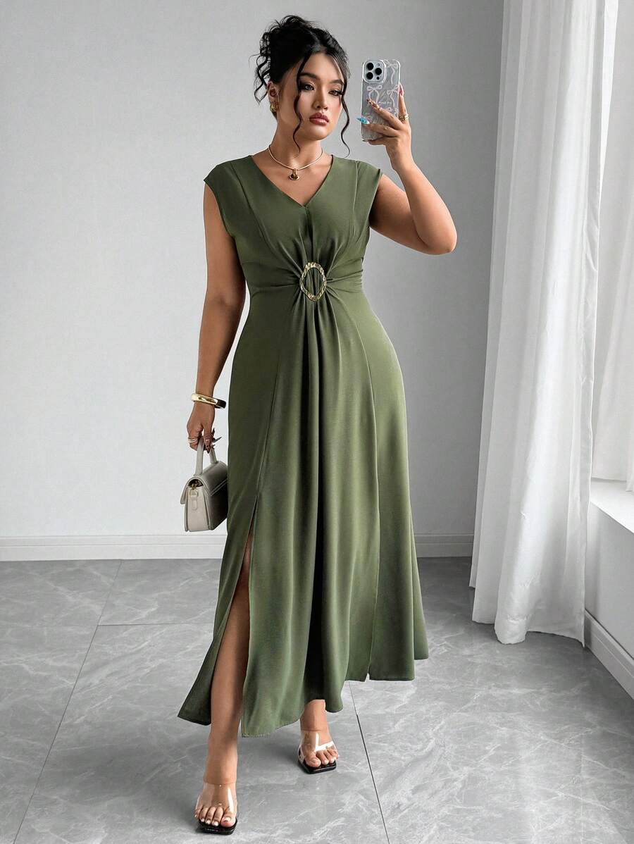 Elenzga Plus Size Women's Elegant Vacation Casual Waisted Ruched Metallic Decor Drop-Shoulder Slit Maxi Dress, Spring/Summer - Army Green - View 1