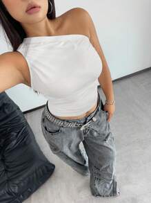 POPSWAY 大码女式单肩垂坠休闲外出上衣，夏季 - 白色 - 查看 3