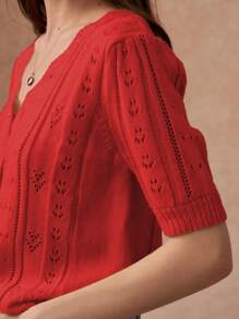 Écloséra Women's Casual Red Knit Button-Up Top, Elegantly Designed With A Scallop V-Neck, Stylish Short Sleeves, And Subtle Semi-Sheer Pointelle Accents.