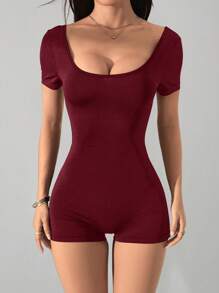 SHEIN PETITE Women's Sexy Solid Color Open Back Romper For Summer - Burgundy - View 2