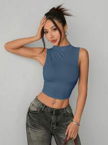 SHEIN PETITE 黑色立领褶皱蓝色背心，夏季时尚 - 霧霾藍 - 查看 5