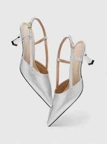 CUCCOO BIZCHIC Women's Pointed Toe Thin Heel Silver Elegant Commute, Party, Work Pumps With Buckle Strap - Silver - View 9