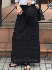 FRIFUL 女士弹力腰长款蕾丝纹理休闲百搭半身裙，适合度假和秋季穿着 - 黑色 - 查看 5