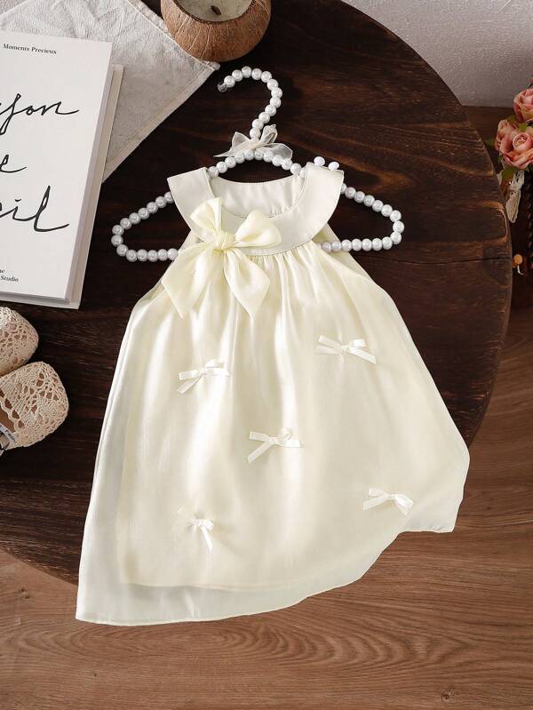 SHEIN Baby Girls' Casual Cute Pink Organza Ruffled Ribbon Bow Decor Lining Dress, Korean Fashion