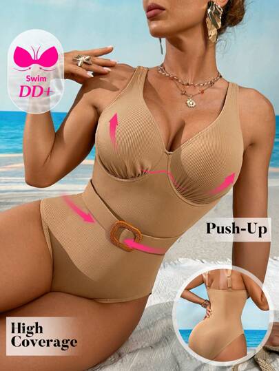 Swim DD+ 1 pieza Traje de baño de una sola pieza de verano para mujer con aros de sostén, hebilla en la cintura, elegante, de ajuste delgado, adecuado para vacaciones casuales