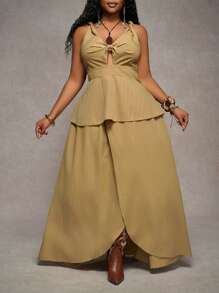 Slaydiva 2025 Spring/Summer New Elegant Vacation Solid Khaki Color Spaghetti Strap Fitted Bodice With Flared Skirts Skirt, Plus Size - Khaki - View 5