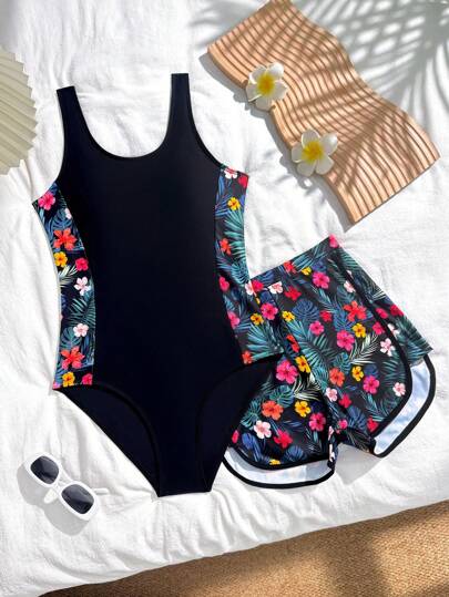 Teen Girls One-Piece Swimsuit Black Ditsy Floral Printed One-Piece Swimwear Shorts, Fashion Casual Elegant Design Suitable For Swimming, Beach, Pool In Summer Swimsuits For Teens Summer Swimsuits Two Piece Swimsuits Floral Swimsuits Tropical Print Swimsuits Summer Holiday