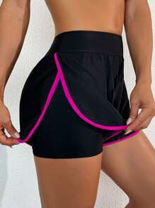 Swim Basics Springbreak 女式纯色撞色边运动休闲短裤沙滩裤 - 黑色 - 查看 1