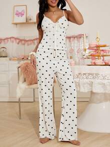 心形印花甜美蕾丝拼布吊带背心女士睡衣套装 - 彩色 - 查看 5